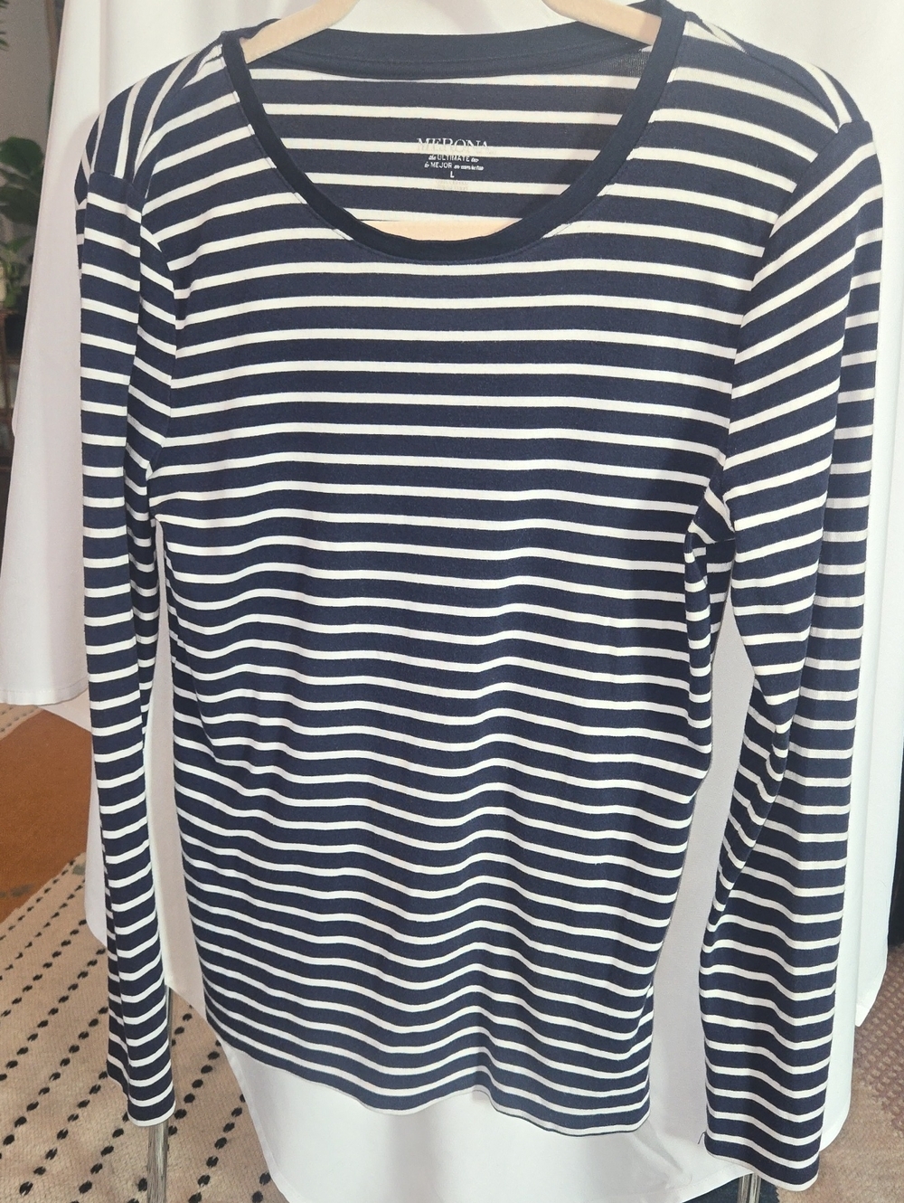 Merona Navy & White Striped Long Sleeve Tee Shirt